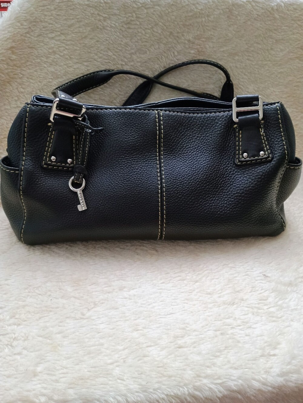 Vintage Fossil Black Pebbled Leather Shoulder Bag Satchel 75082 Contrast Stitch